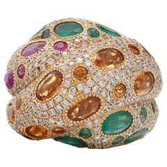 Diamond Ruby Emerald & Citrine Cocktail Dome Ring 18K Yellow Gold