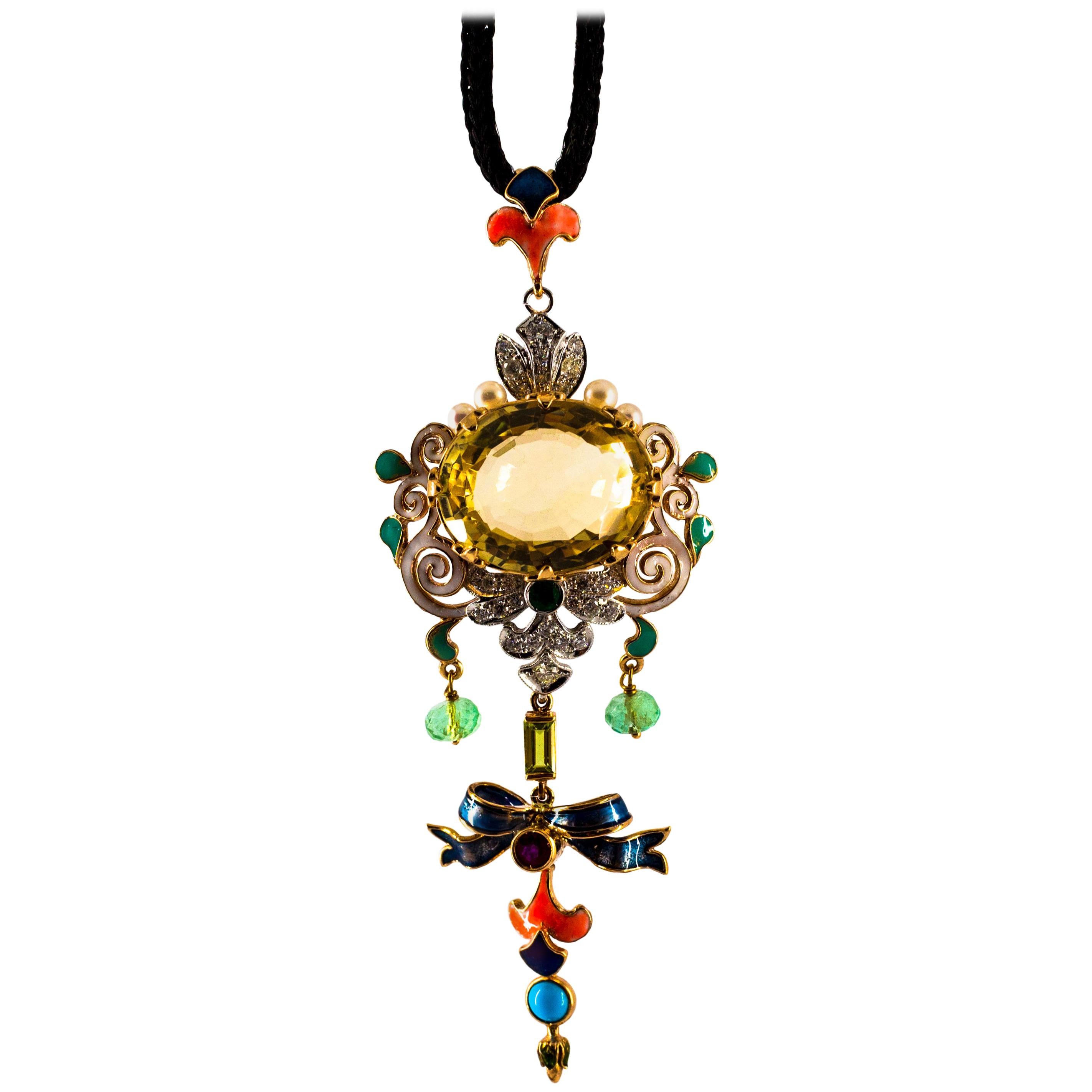 Diamond Ruby Emerald Citrine Peridot Turquoise Pearl Enamel Yellow Gold Necklace