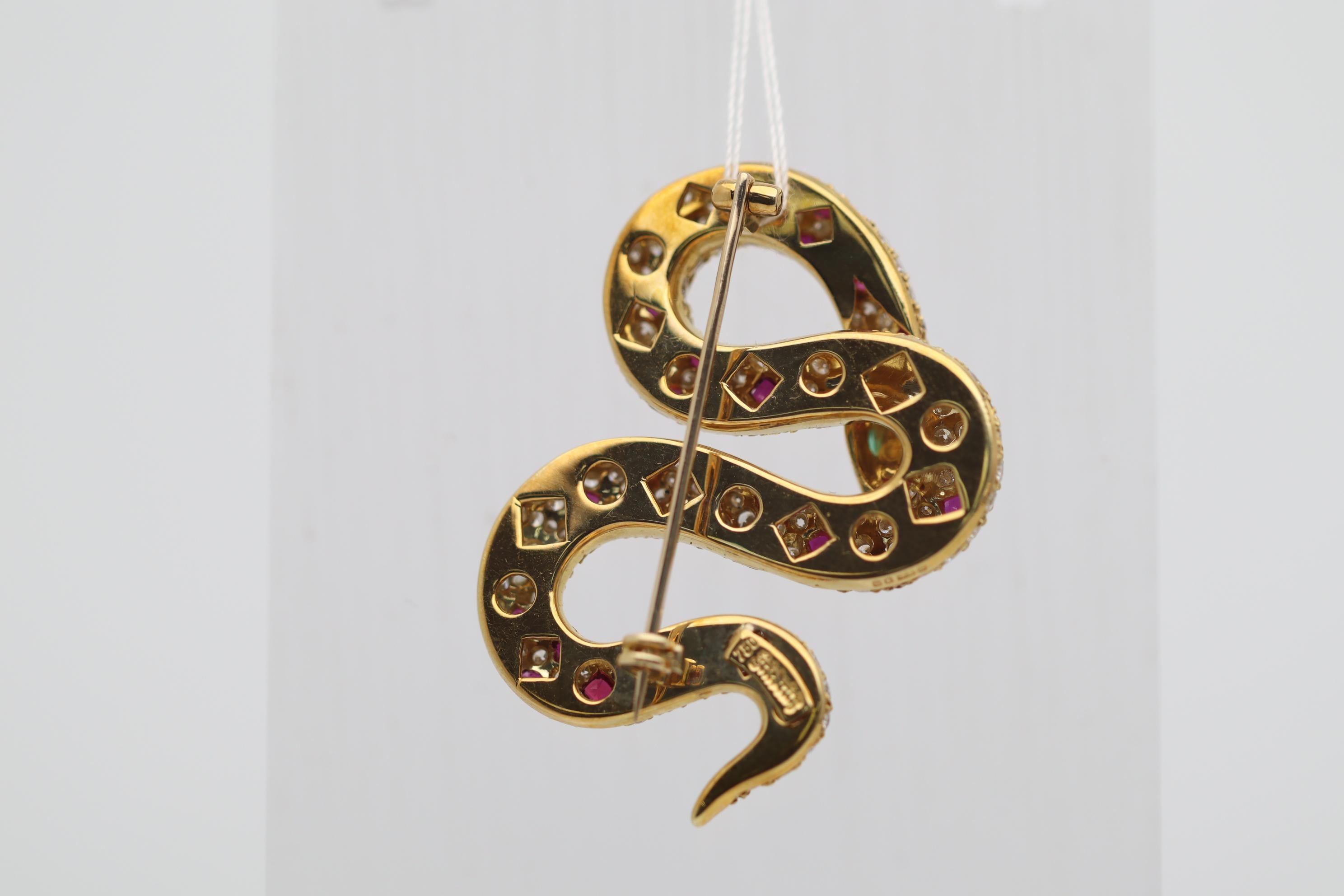 Diamond Ruby Emerald Gold Coiled Snake Brooch In New Condition For Sale In Beverly Hills, CA