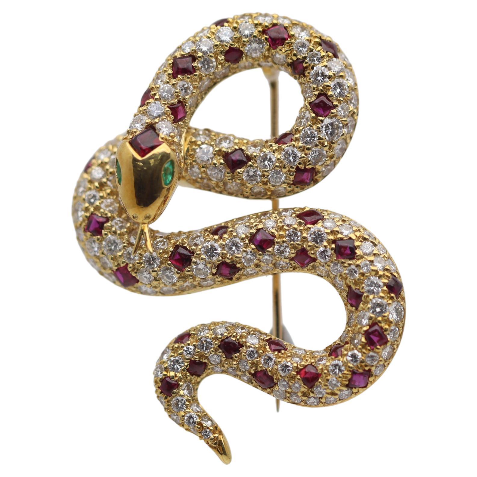 Diamant-Rubin-Smaragd-Gold-Brosche mit gewundener Schlange im Angebot