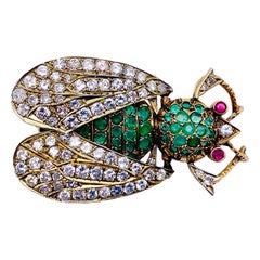 Vintage Retro Diamond Emerald Ruby Gold Insect May Beetle Brooch