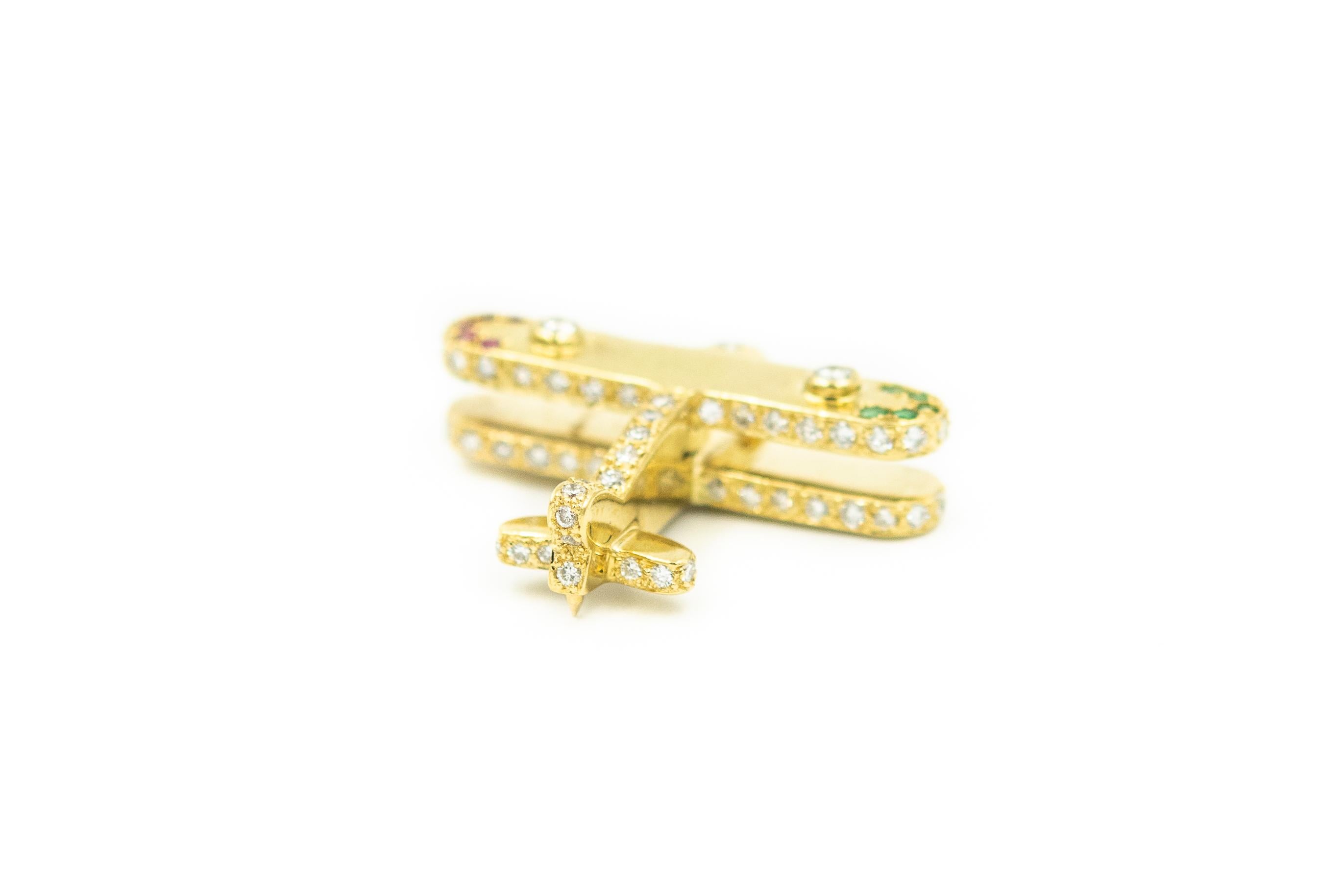 Round Cut Diamond Ruby Emerald Jeweled Airplane Plane Yellow Gold Necklace Pendant Charm