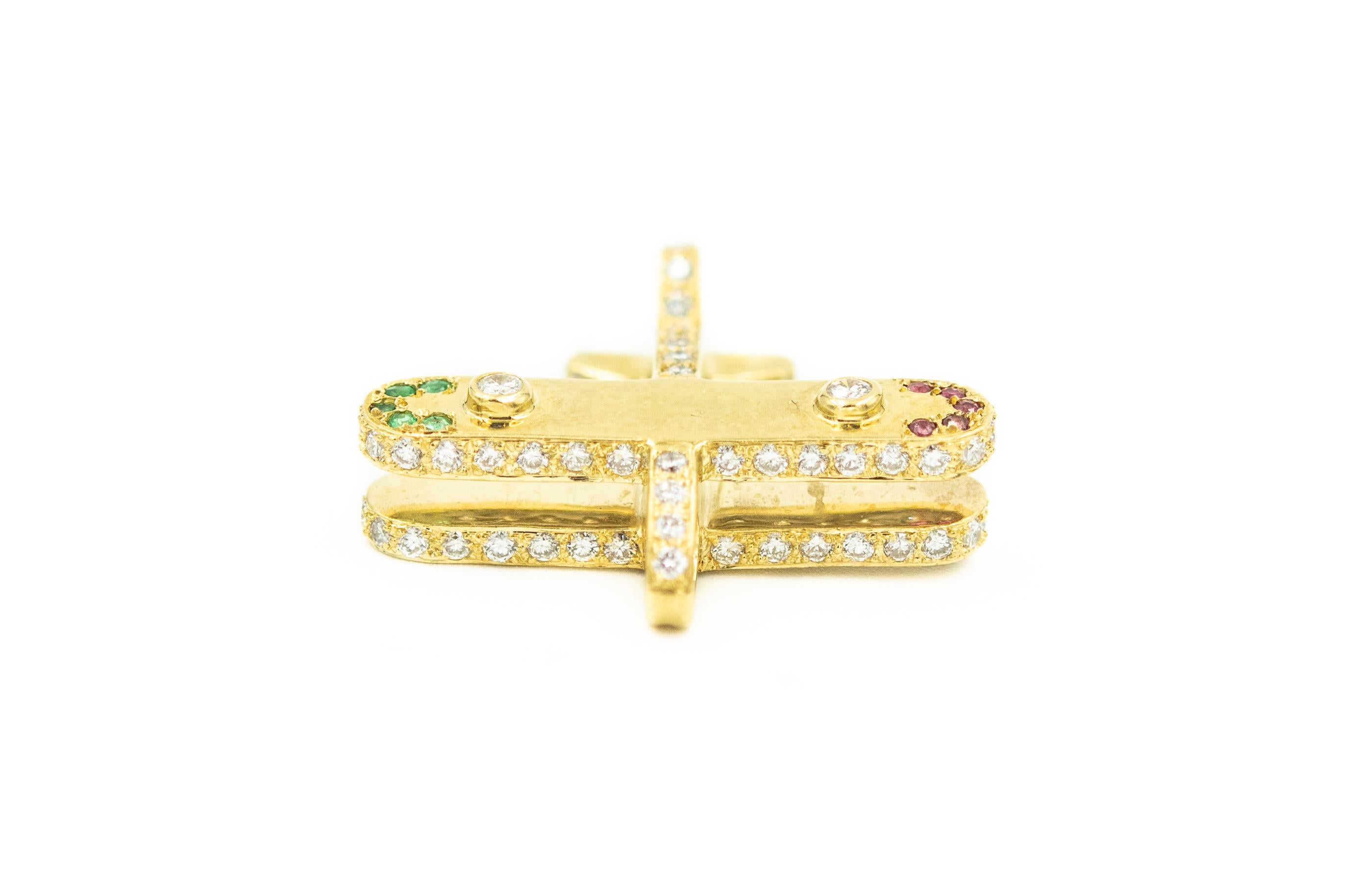 Women's or Men's Diamond Ruby Emerald Jeweled Airplane Plane Yellow Gold Necklace Pendant Charm