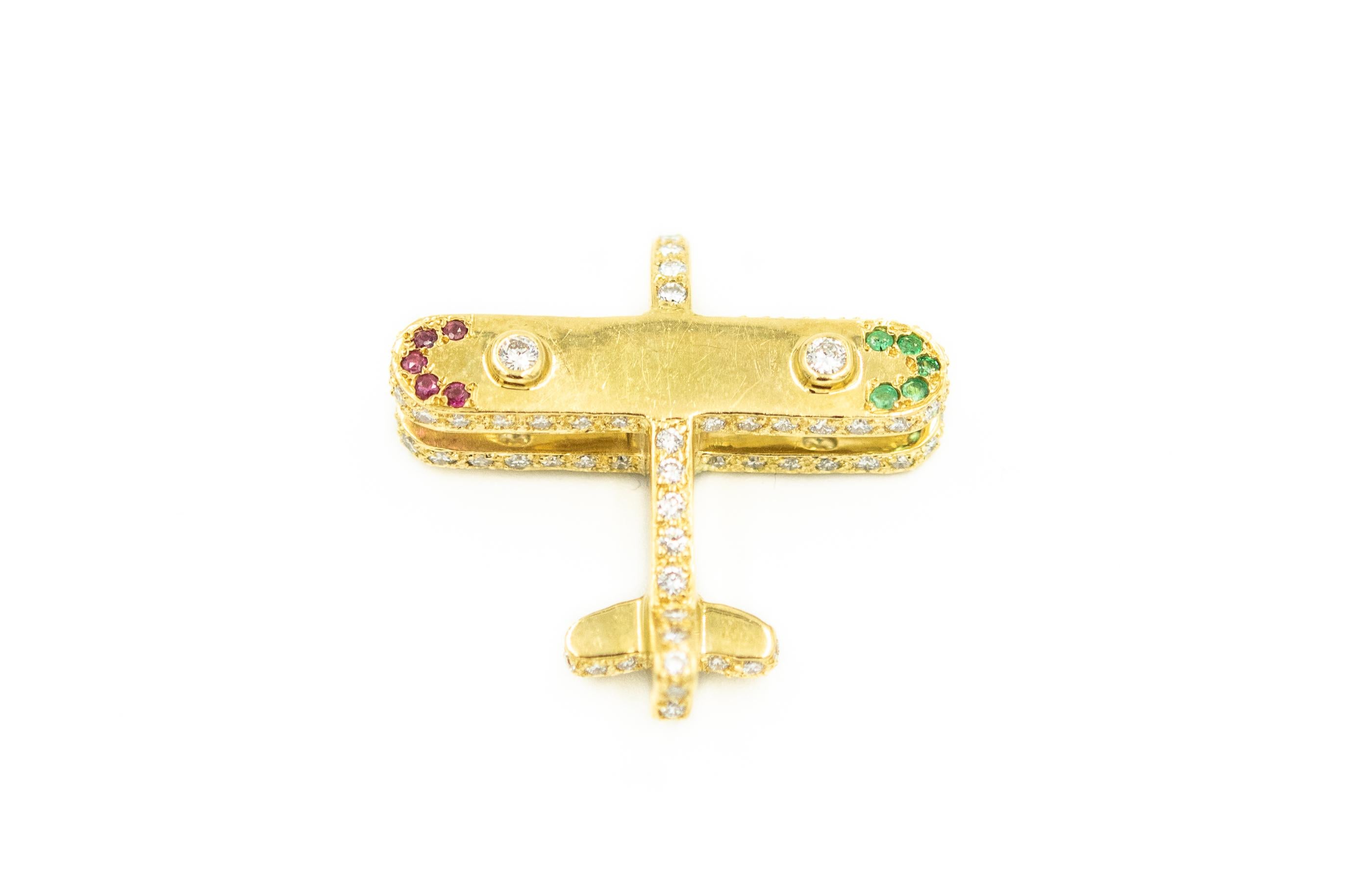 Diamond Ruby Emerald Jeweled Airplane Plane Yellow Gold Necklace Pendant Charm 1
