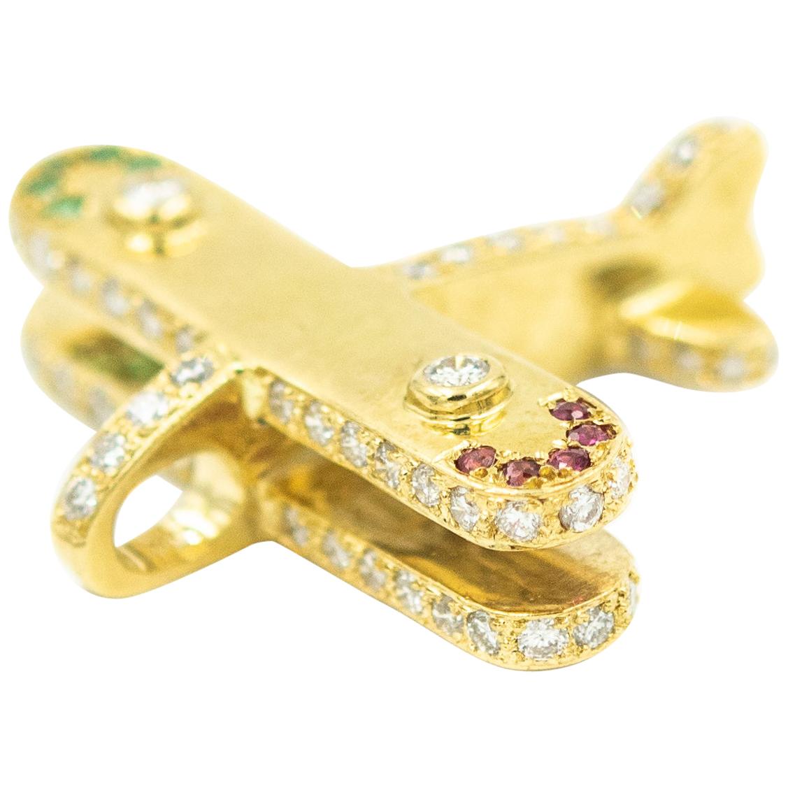 Diamond Ruby Emerald Jeweled Airplane Plane Yellow Gold Necklace Pendant Charm