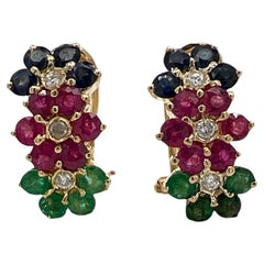Vintage Diamond Ruby Emerald Sapphire 14 Karat Yellow Gold Leverback Earrings 