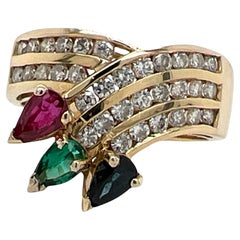 Diamond Ruby Emerald Sapphire 14 Karat Yellow Gold Vintage Estate Ring