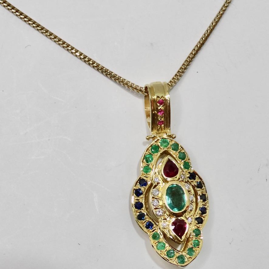 Round Cut Diamond Ruby Emerald Sapphire 18K Gold Necklace with Pendent For Sale