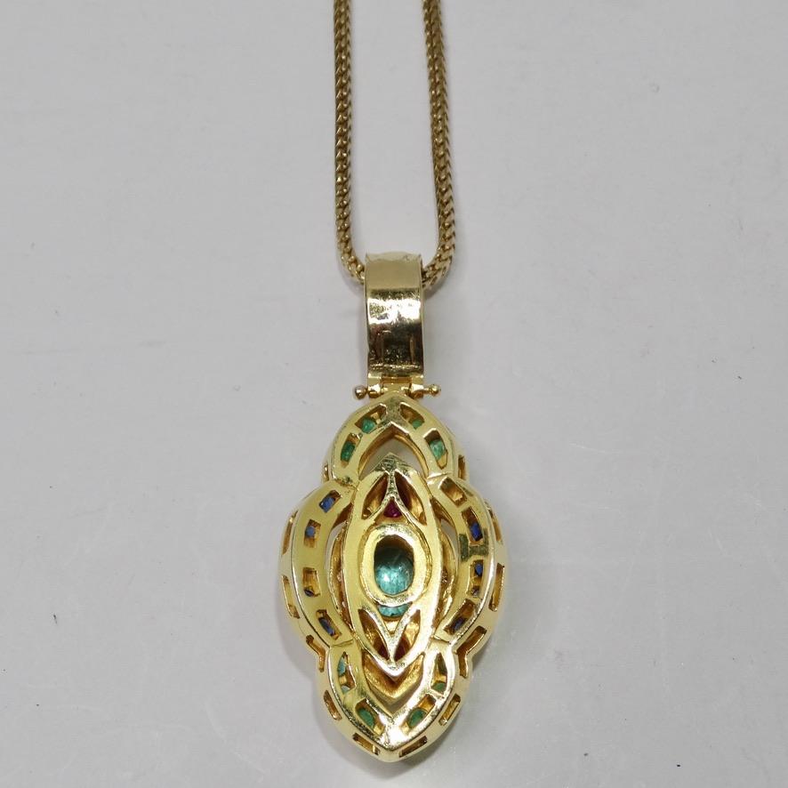 Diamant-Rubin-Smaragd-Saphir-Halskette aus 18 Karat Gold mit Anhänger im Angebot 1