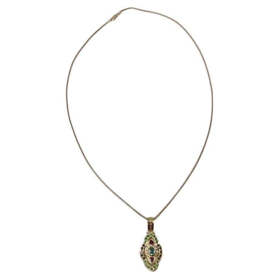 Diamant-Rubin-Smaragd-Saphir-Halskette aus 18 Karat Gold mit Anhänger im Angebot
