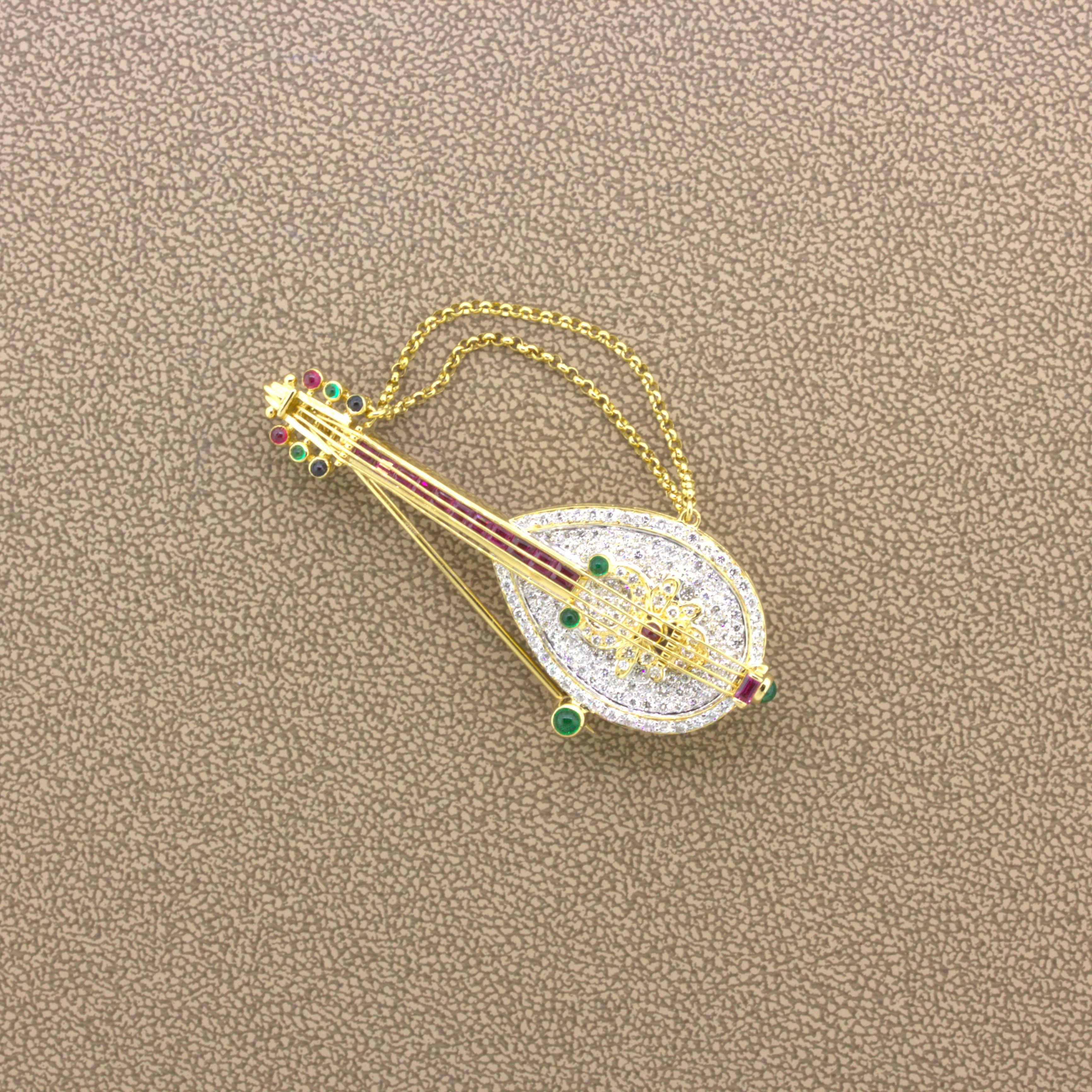 Round Cut Diamond Ruby Emerald Sapphire 18k Yellow Gold Musical Mandolin Brooch For Sale