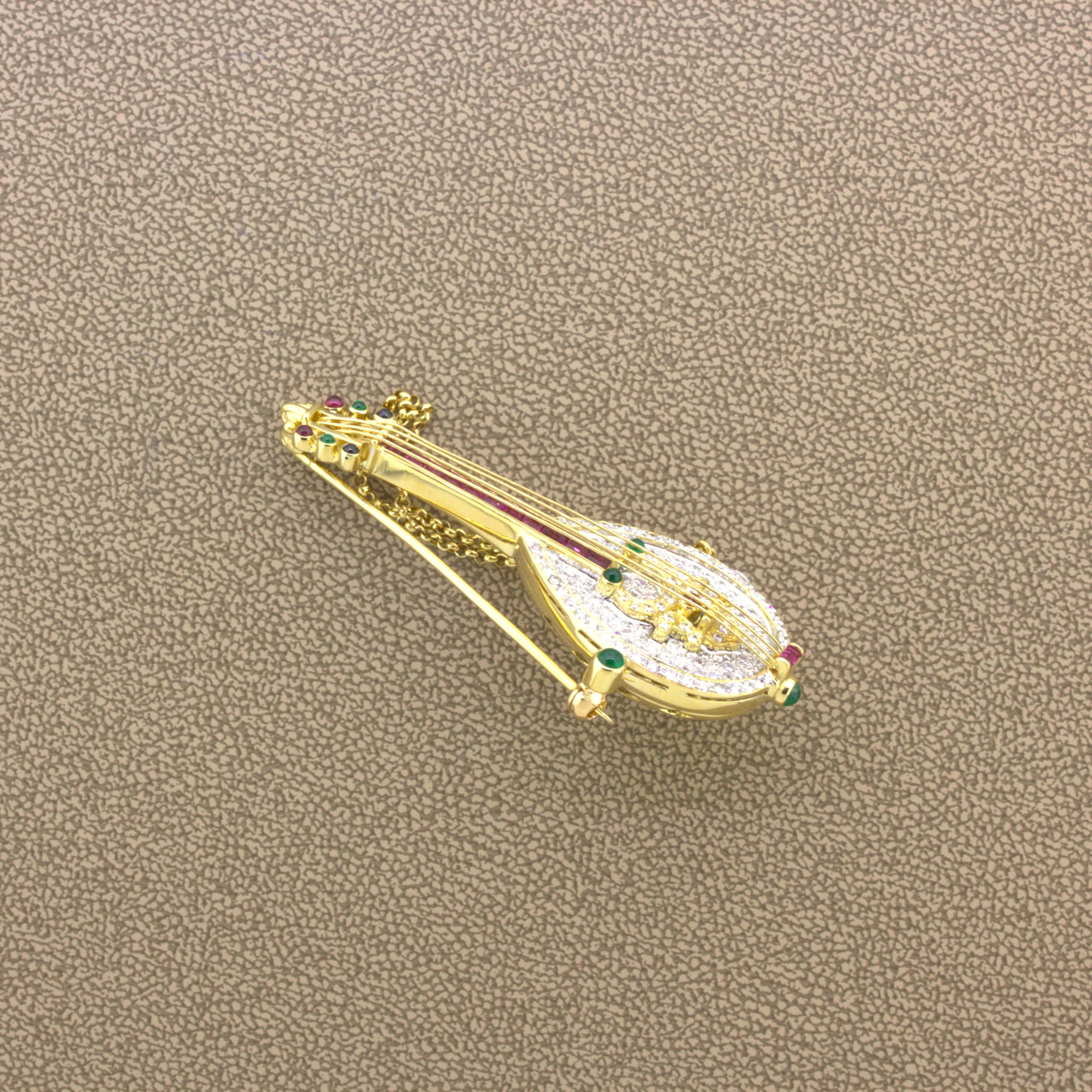 Diamond Ruby Emerald Sapphire 18k Yellow Gold Musical Mandolin Brooch In New Condition For Sale In Beverly Hills, CA