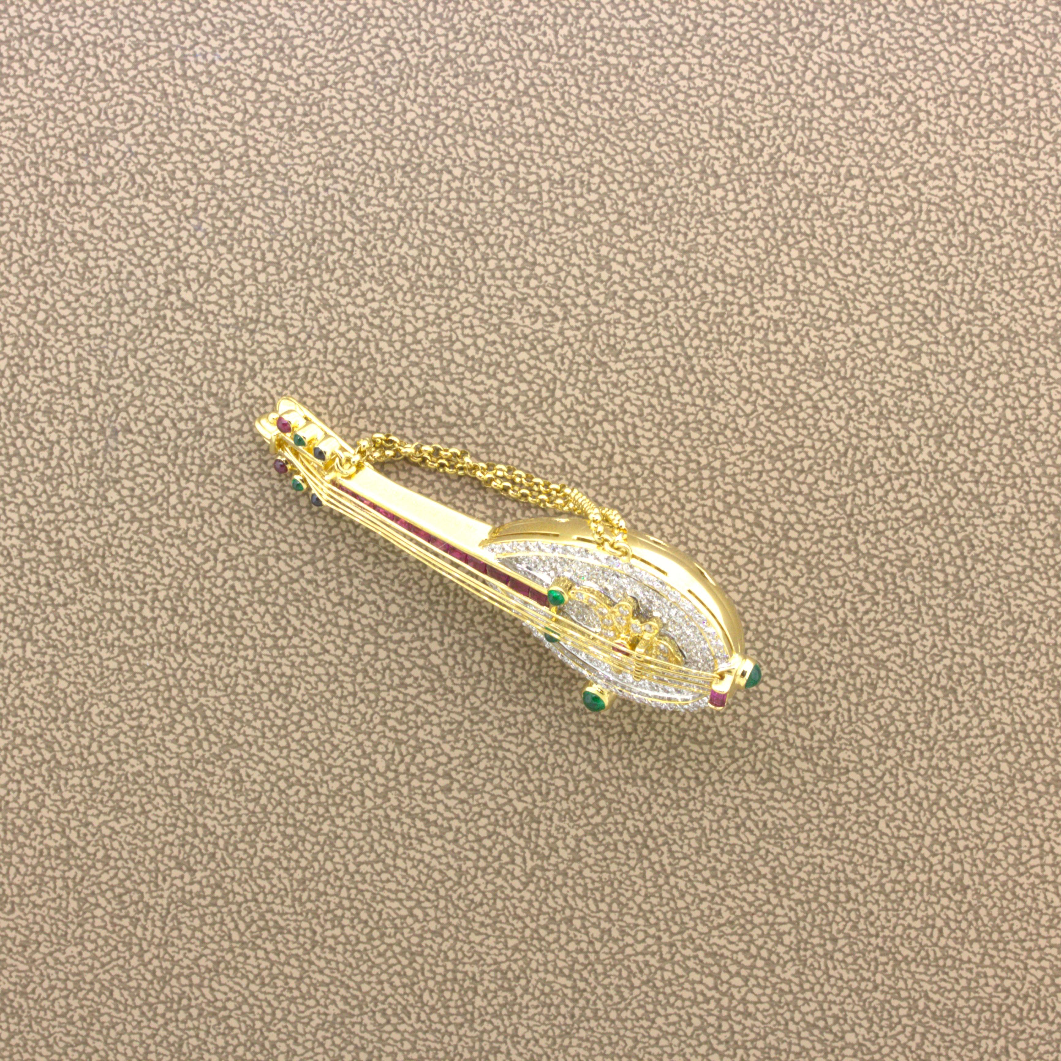 Women's Diamond Ruby Emerald Sapphire 18k Yellow Gold Musical Mandolin Brooch For Sale