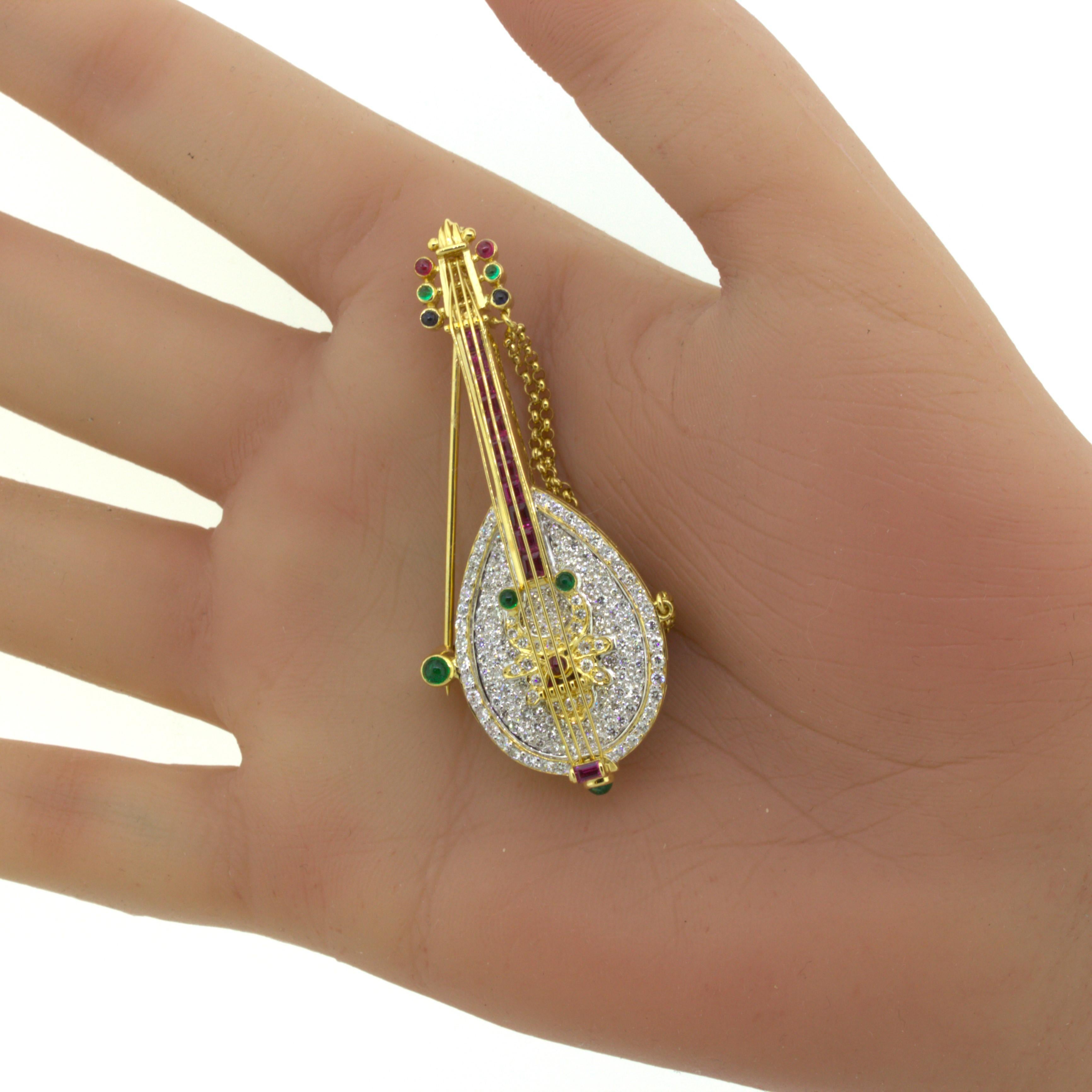 Diamond Ruby Emerald Sapphire 18k Yellow Gold Musical Mandolin Brooch For Sale 1