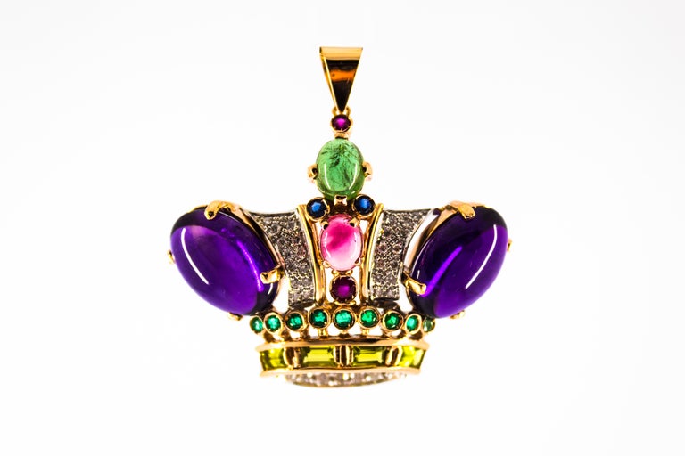 Diamond Ruby Emerald Sapphire Amethyst Tourmaline Yellow Gold Pendant Necklace For Sale at 1stdibs