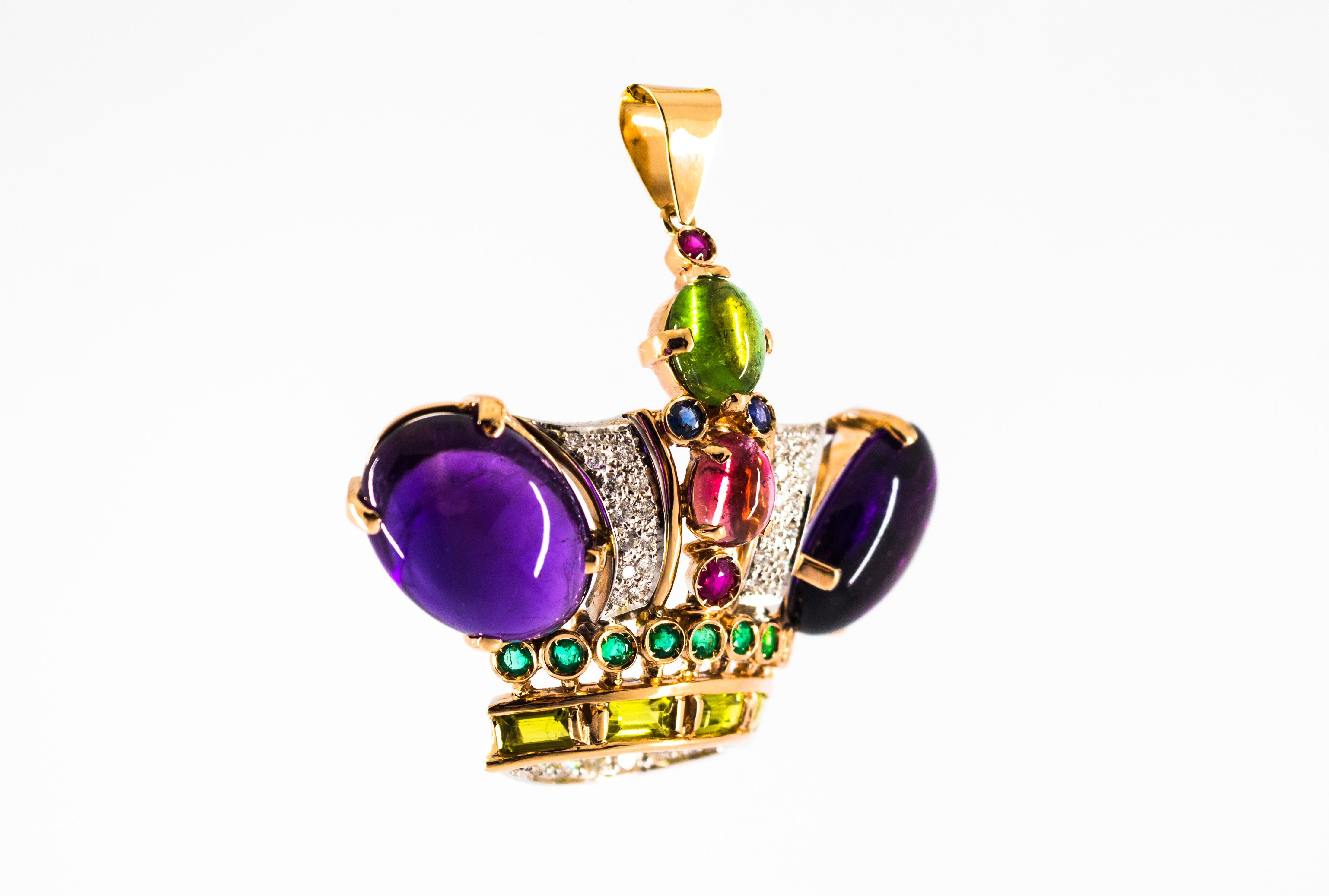 This Pendant is made of 14K Yellow Gold.
This Pendant has 0.55 Carats of White Brilliant Cut Diamonds.
This Pendant has a 0.18 Carats Ruby.
This Pendant has 0.16 Carats of Blue Sapphires.
This Pendant has 0.70 Carats of Emeralds.
This Pendant has a