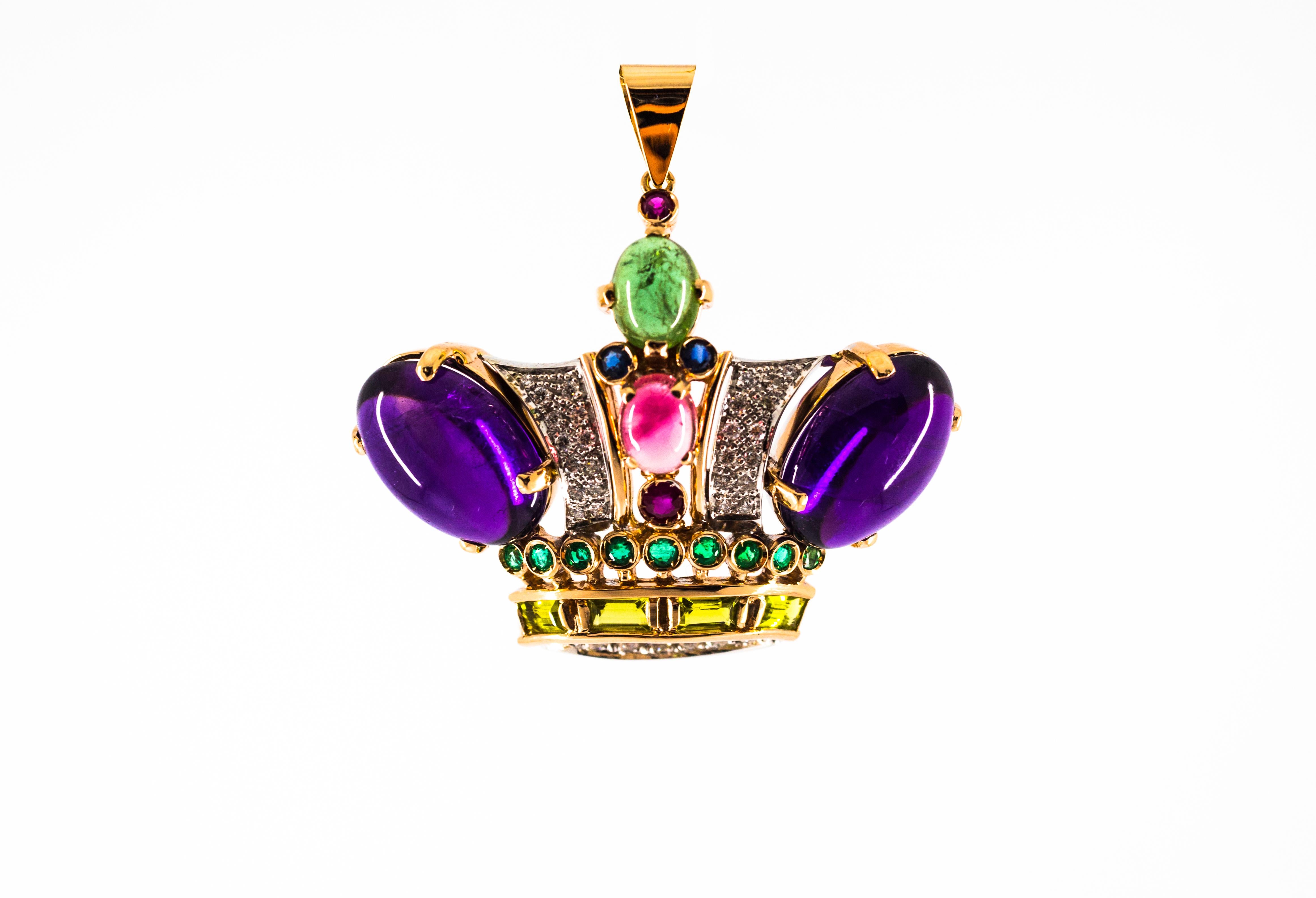 Art Nouveau Diamond Ruby Emerald Sapphire Amethyst Tourmaline Yellow Gold Pendant Necklace