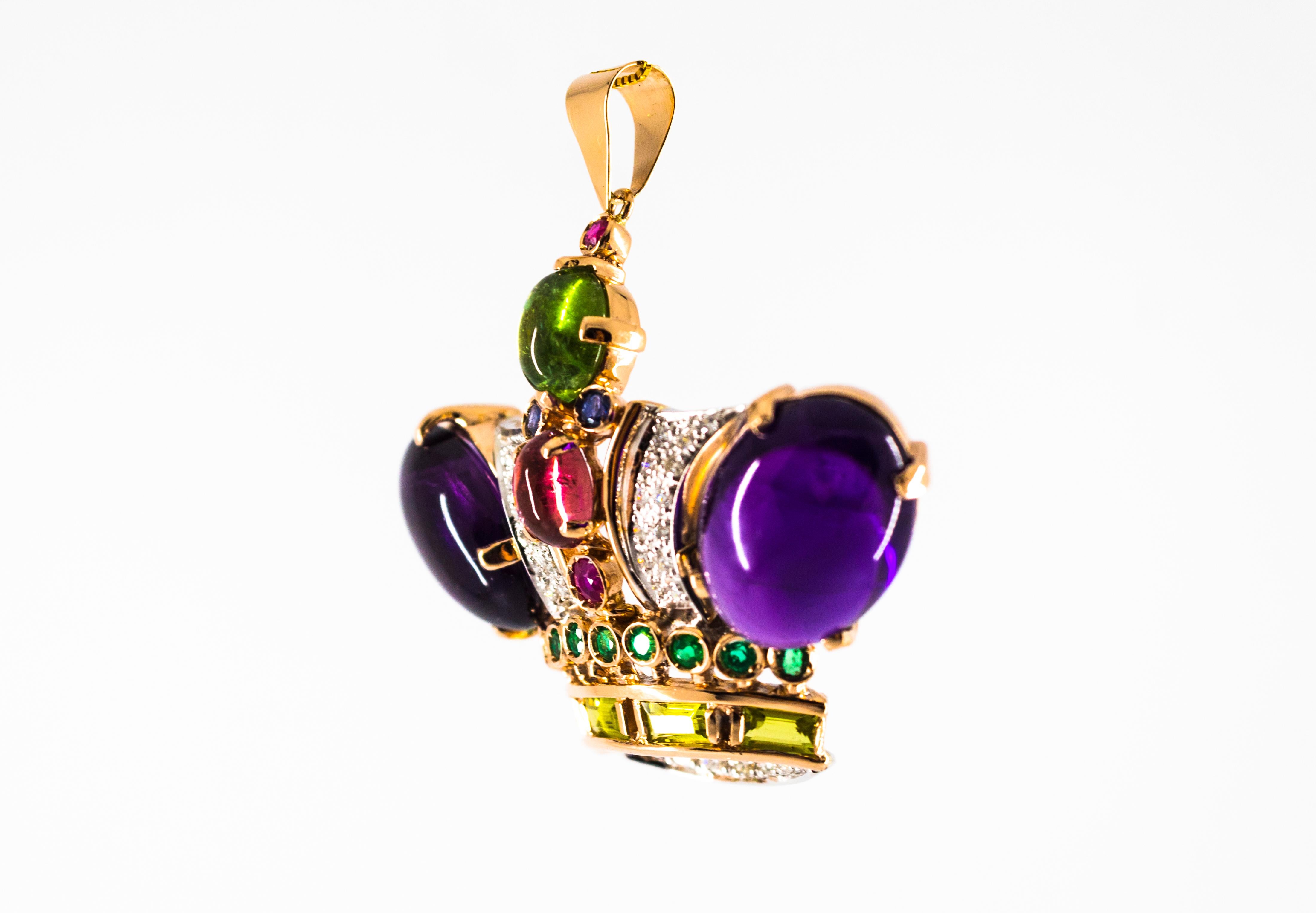 Art Nouveau Diamond Ruby Emerald Sapphire Amethyst Tourmaline Yellow Gold Pendant Necklace