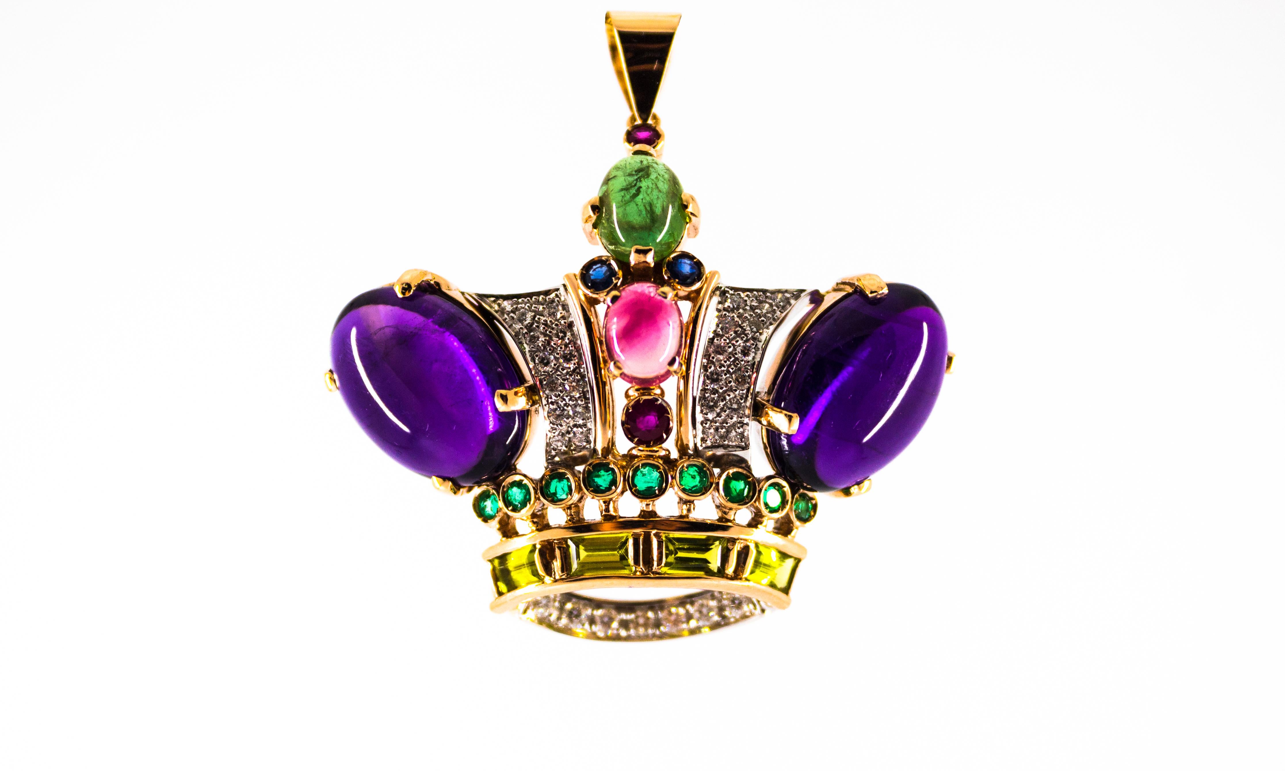 Brilliant Cut Diamond Ruby Emerald Sapphire Amethyst Tourmaline Yellow Gold Pendant Necklace