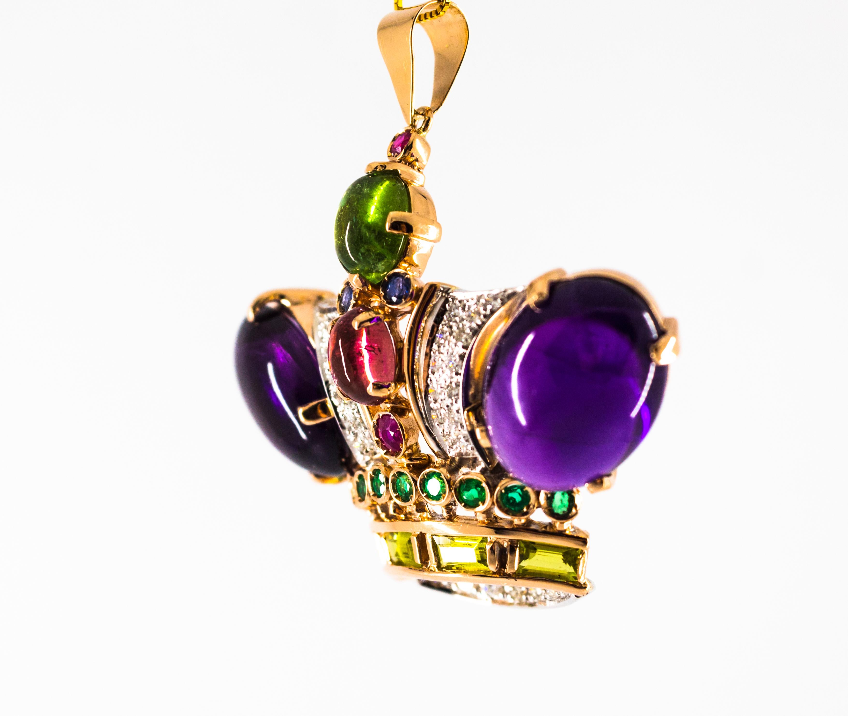 Diamond Ruby Emerald Sapphire Amethyst Tourmaline Yellow Gold Pendant Necklace In New Condition In Naples, IT