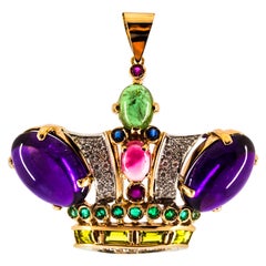 Diamond Ruby Emerald Sapphire Amethyst Tourmaline Yellow Gold Pendant Necklace