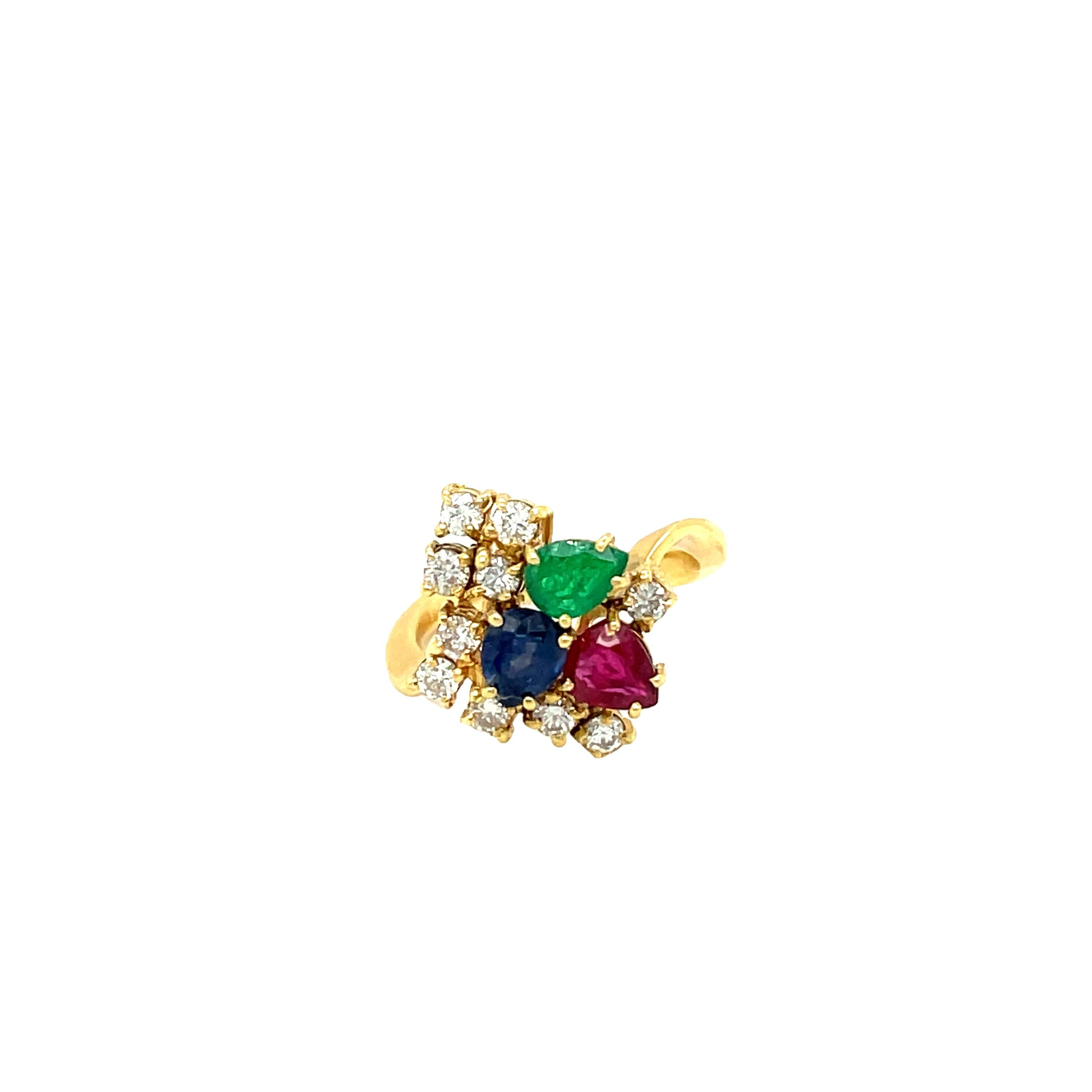 Pear Cut Diamond Ruby Emerald Sapphire Cluster Ring in 18k Yellow Gold For Sale