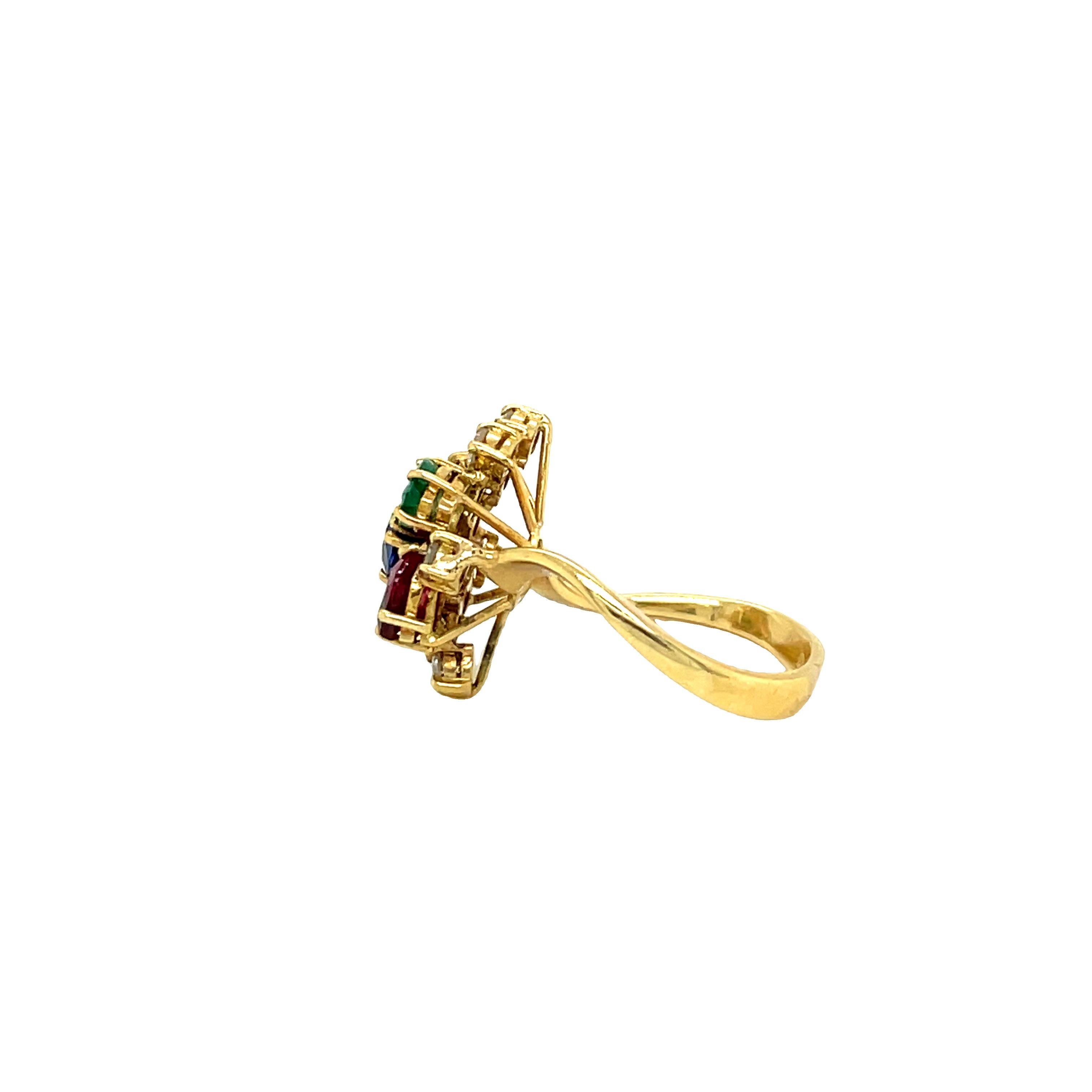 Diamond Ruby Emerald Sapphire Cluster Ring in 18k Yellow Gold In Excellent Condition For Sale In beverly hills, CA