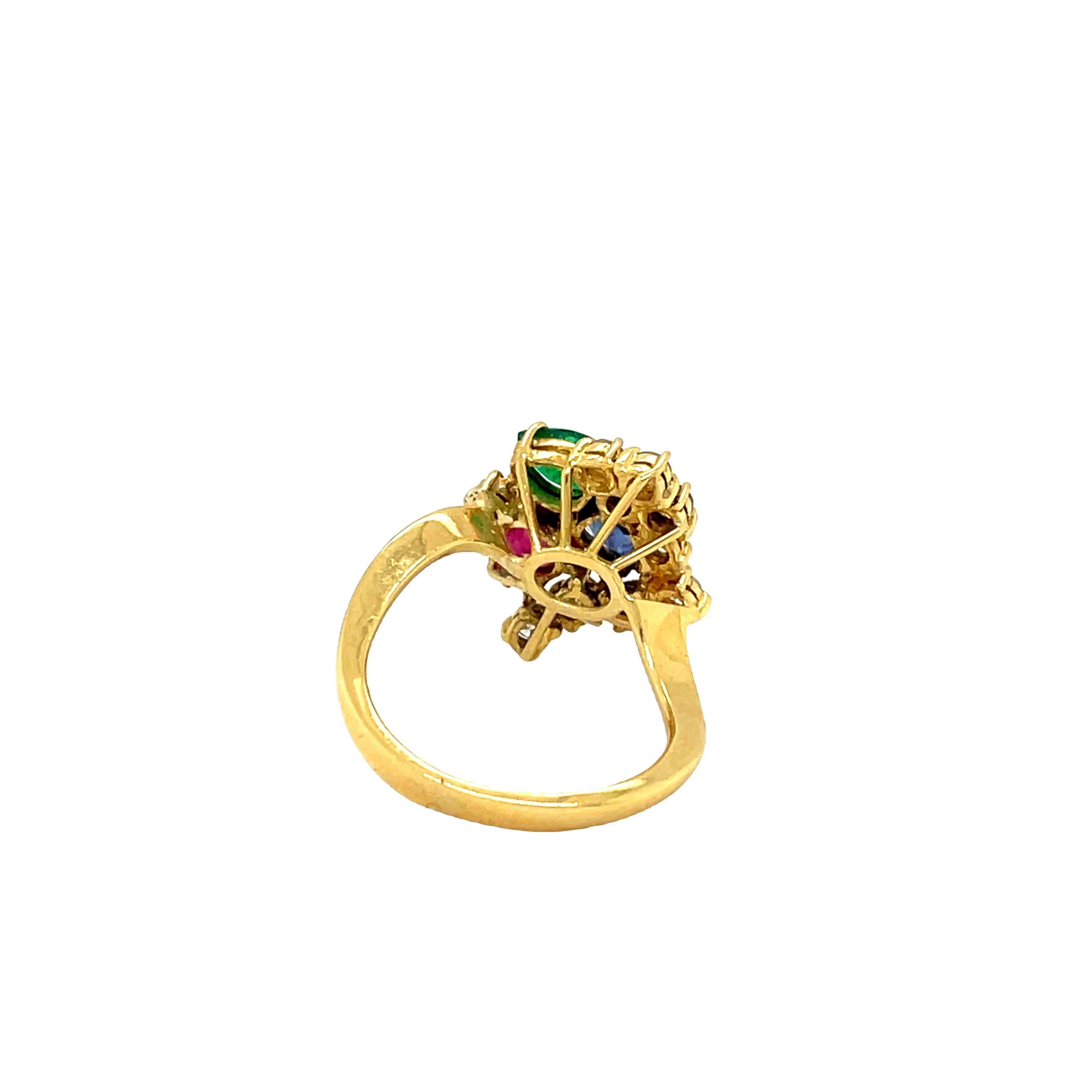 Women's Diamond Ruby Emerald Sapphire Cluster Ring in 18k Yellow Gold For Sale