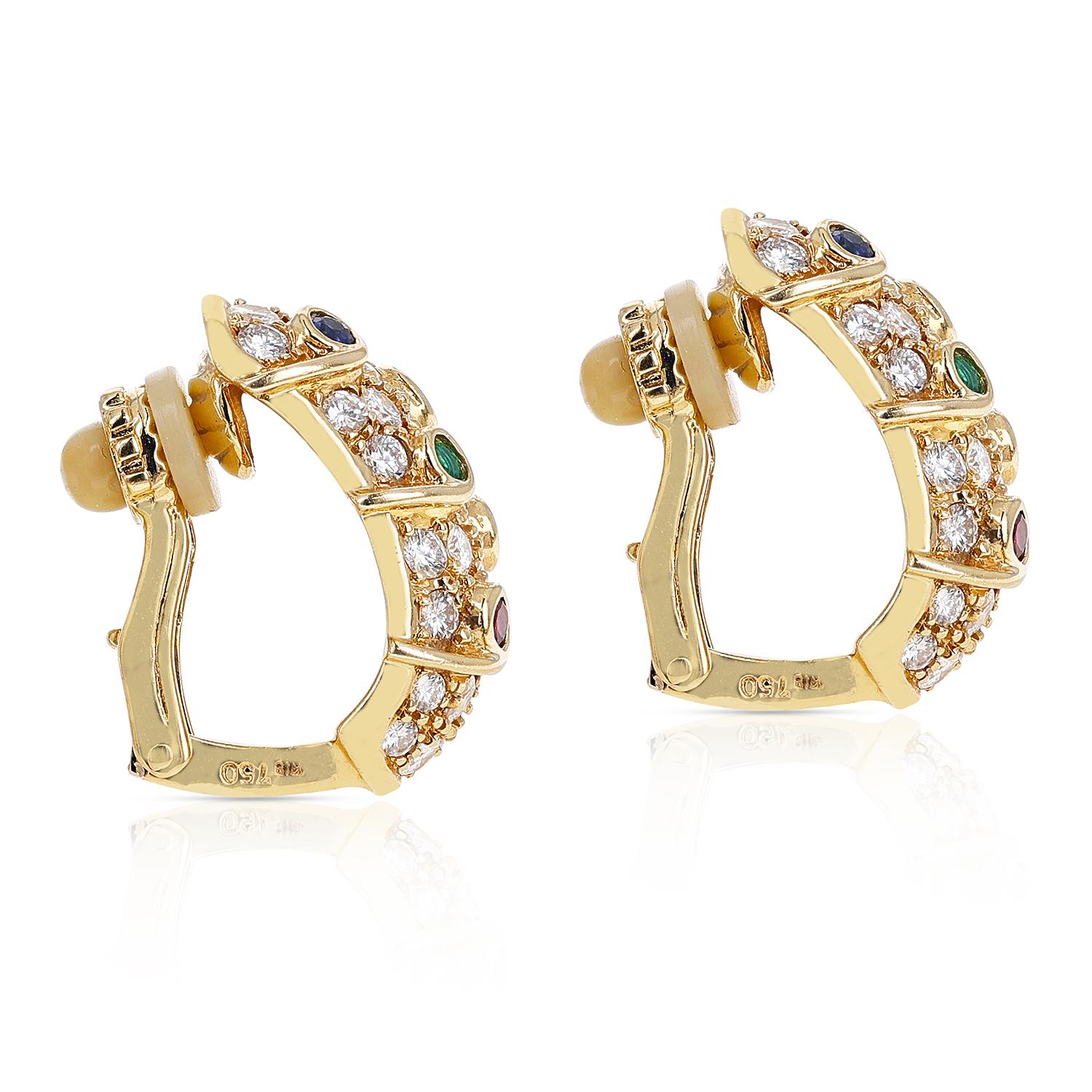 Round Cut Diamond, Ruby, Emerald, Sapphire Cocktail Clip-On Earrings, 18 Karat Yellow Gold For Sale