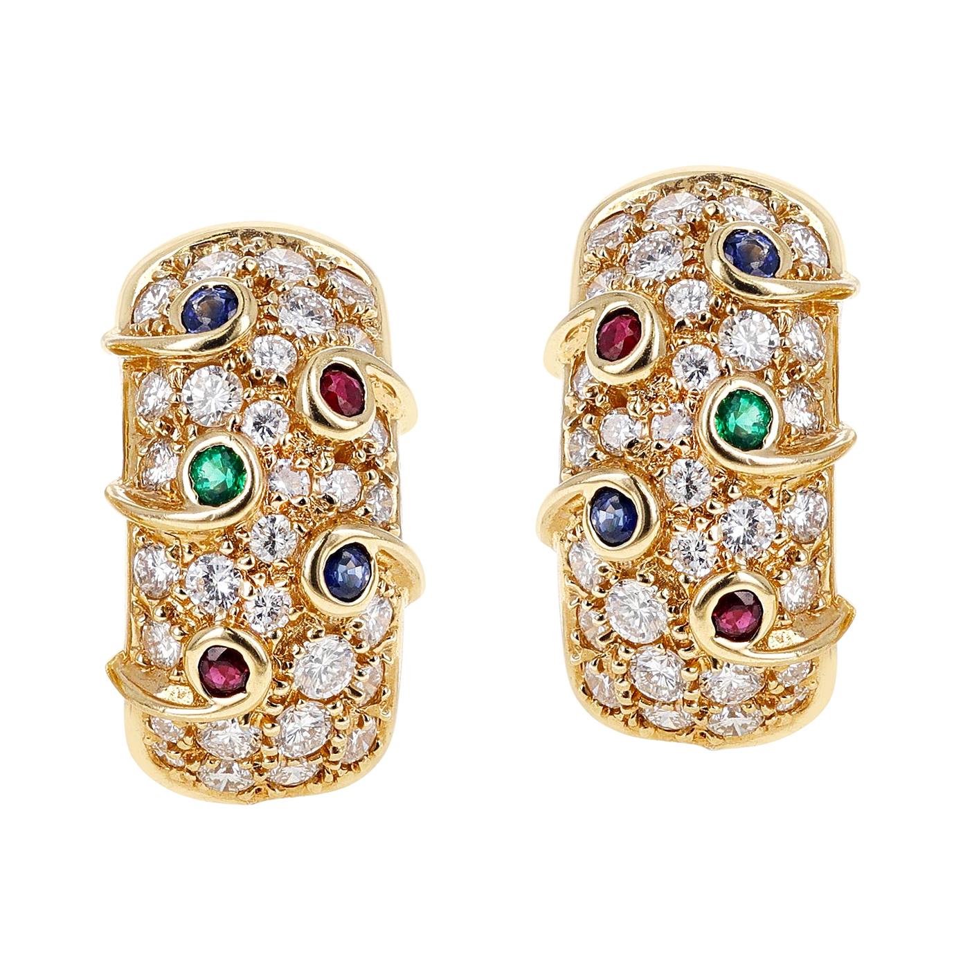 Diamond, Ruby, Emerald, Sapphire Cocktail Clip-On Earrings, 18 Karat Yellow Gold For Sale