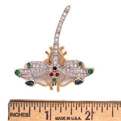Diamond Ruby Emerald Sapphire Dragonfly Vintage Pin Brooch 14 Karat Yellow Gold