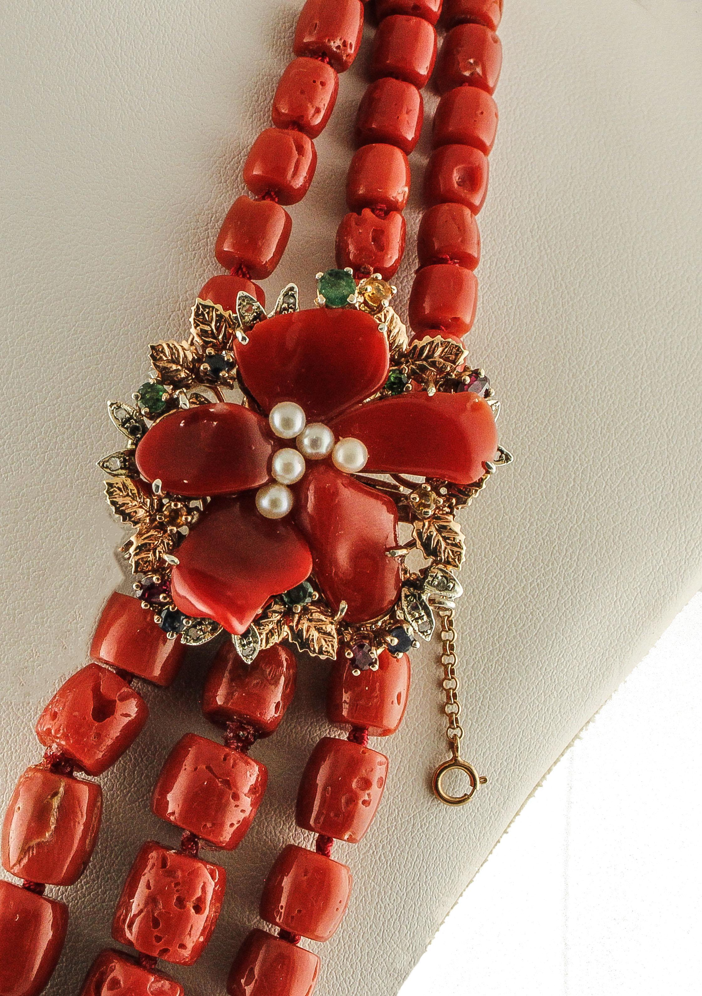 Retro Diamond Ruby Emerald Sapphire Pearls Gold Silver Flower Clasp Coral Necklace