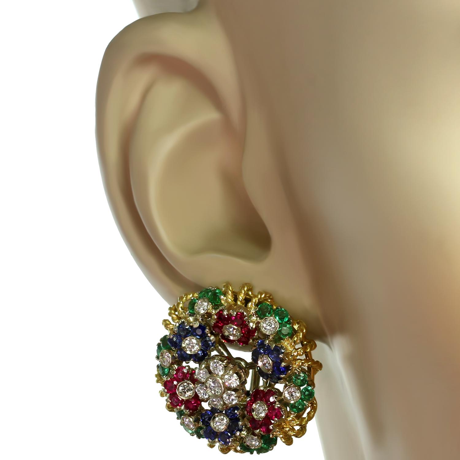 Diamond Ruby Emerald Sapphire Yellow Gold Earrings In Good Condition In New York, NY