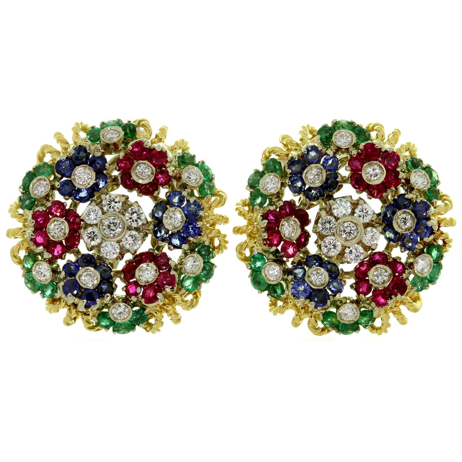 Diamond Ruby Emerald Sapphire Yellow Gold Earrings