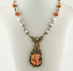 Diamonds, Ruby, Emeralds, Sapphires,  Coral, Pearl, Gold/Silver Retrò Necklace
