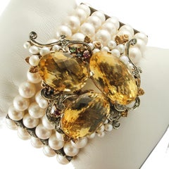 Diamond, Ruby, Emerald, Sapphires, Topaz, Pearl, Rose Gold and Silver Bracelet