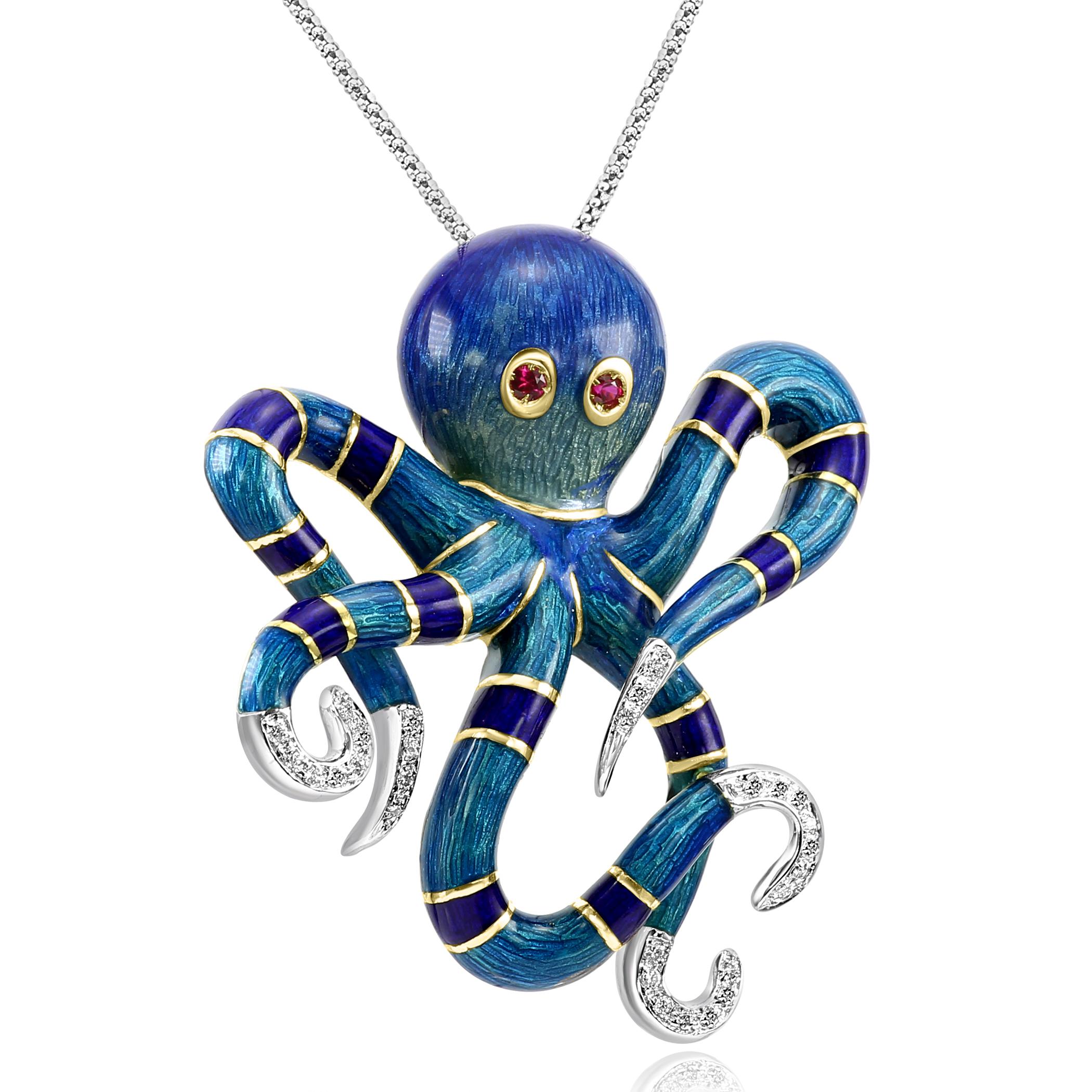 For all ocean, nature, & animal lovers, here's our Octopus pendant brooch. 

This Pendant/Brooch features the ends of the octopuses' tentacles adorned with dazzling white diamonds with F-G color and VS-SI clarity, weighing 0.22 carats.

For the