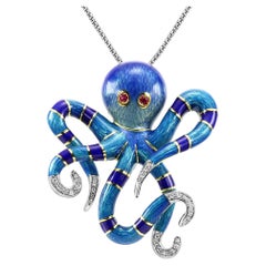 Colgante Broche Pulpo Diamante, Rubí y Esmalte Oro Amarillo y Blanco 18 Kilates