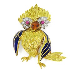 Diamond Ruby Enamel 18k Yellow and White Gold Bird Pin