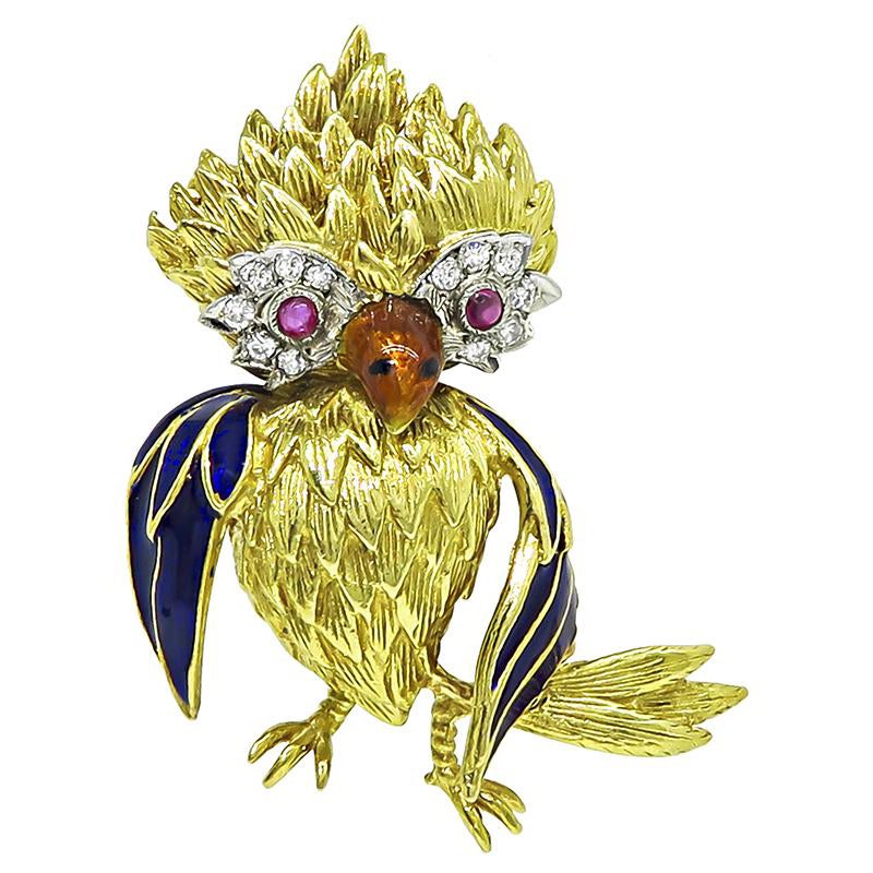 Diamond Ruby Enamel 18k Yellow and White Gold Bird Pin