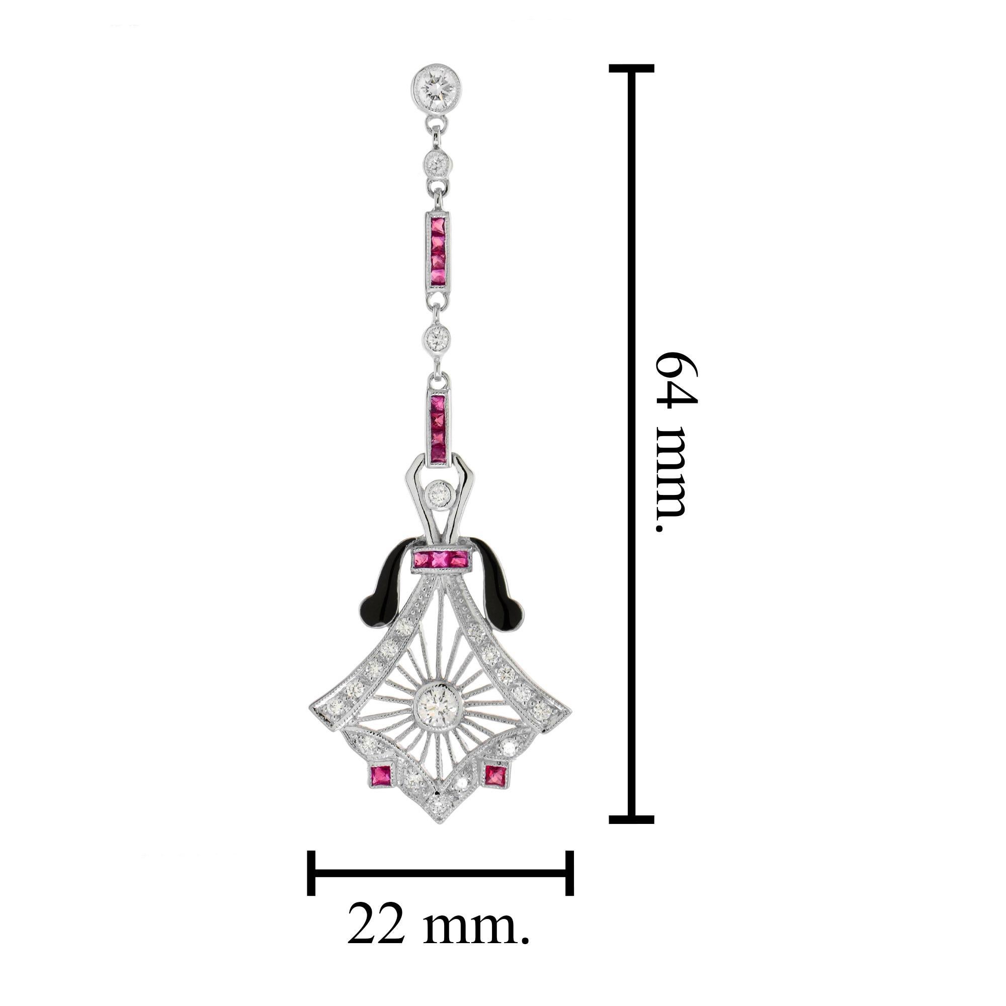 Women's Diamond Ruby Enamel Art Deco Style Drop Earrings in 14K White Gold  For Sale