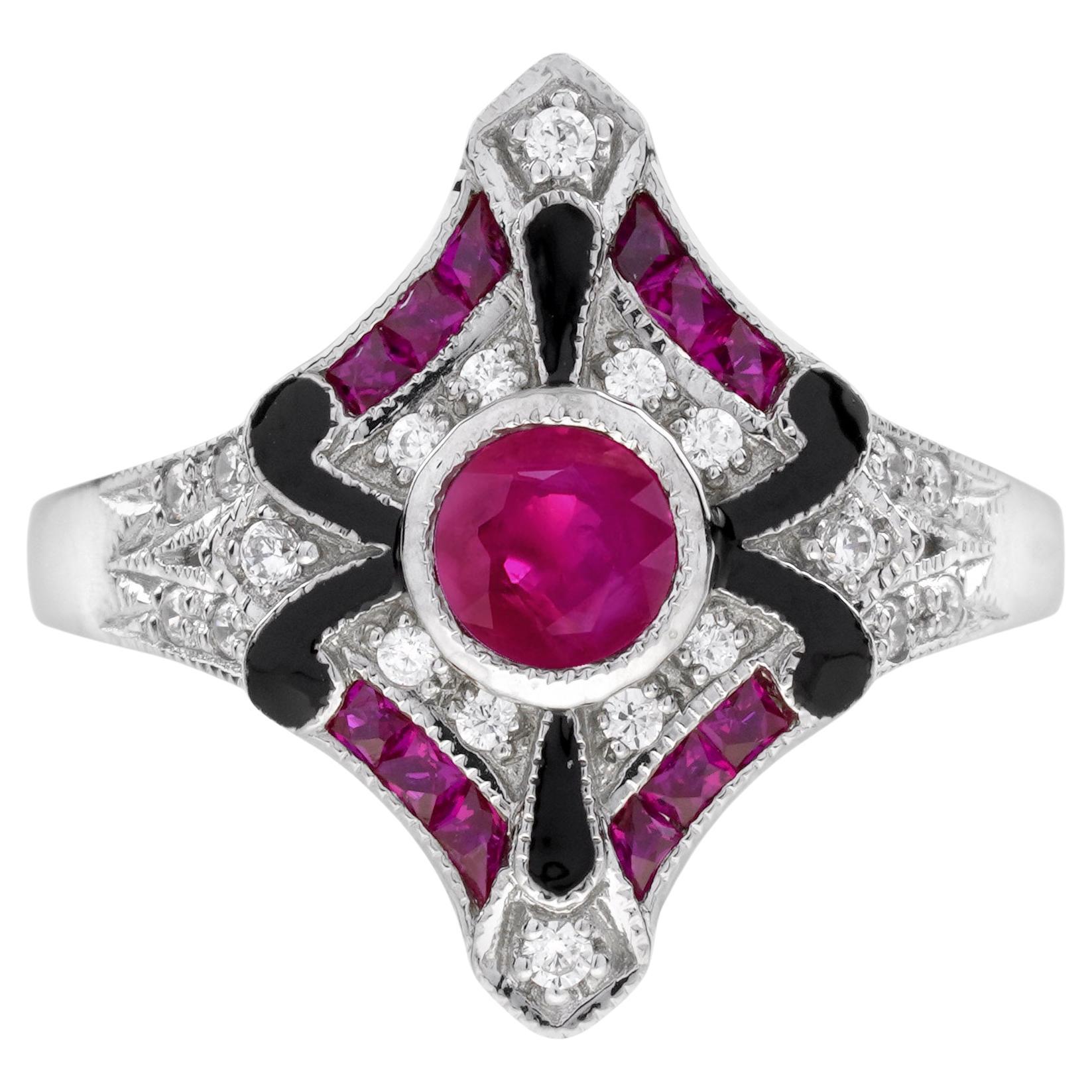 Anello in oro bianco con diamanti e rubini smaltati in stile Art Déco in vendita