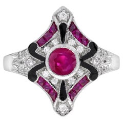 Bague en or blanc avec diamants et rubis en émail de style Art déco