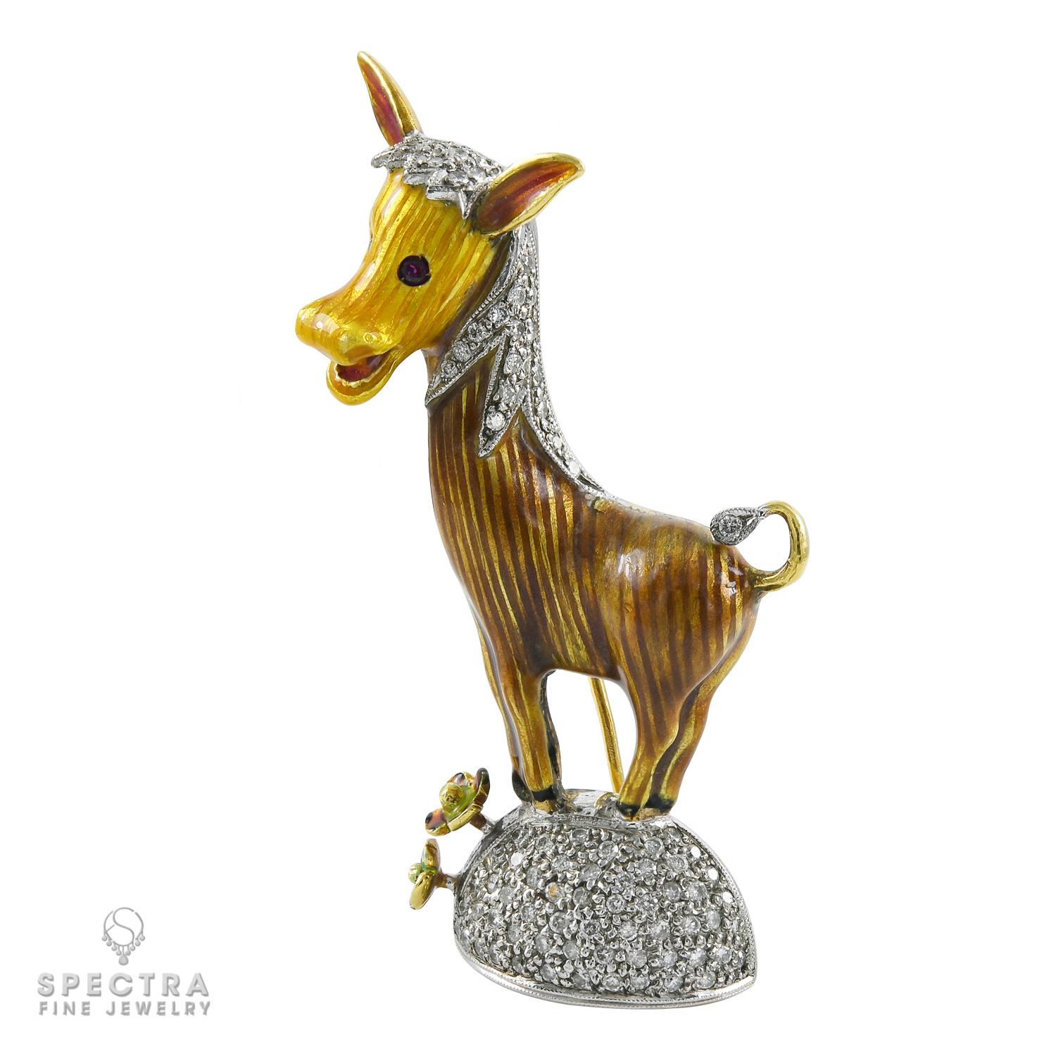 Taille mixte Broche contemporaine en émail diamantée représentant un âne en vente