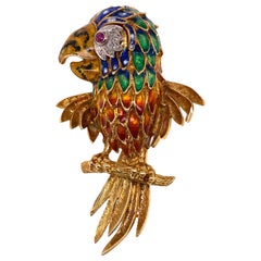 Retro Diamond Ruby Enamel Parrot Pin Brooch 18 Karat Yellow Gold