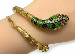 Diamond Ruby Enamel Snake Wrap Bracelet 14K Yellow Gold Flex Bangle