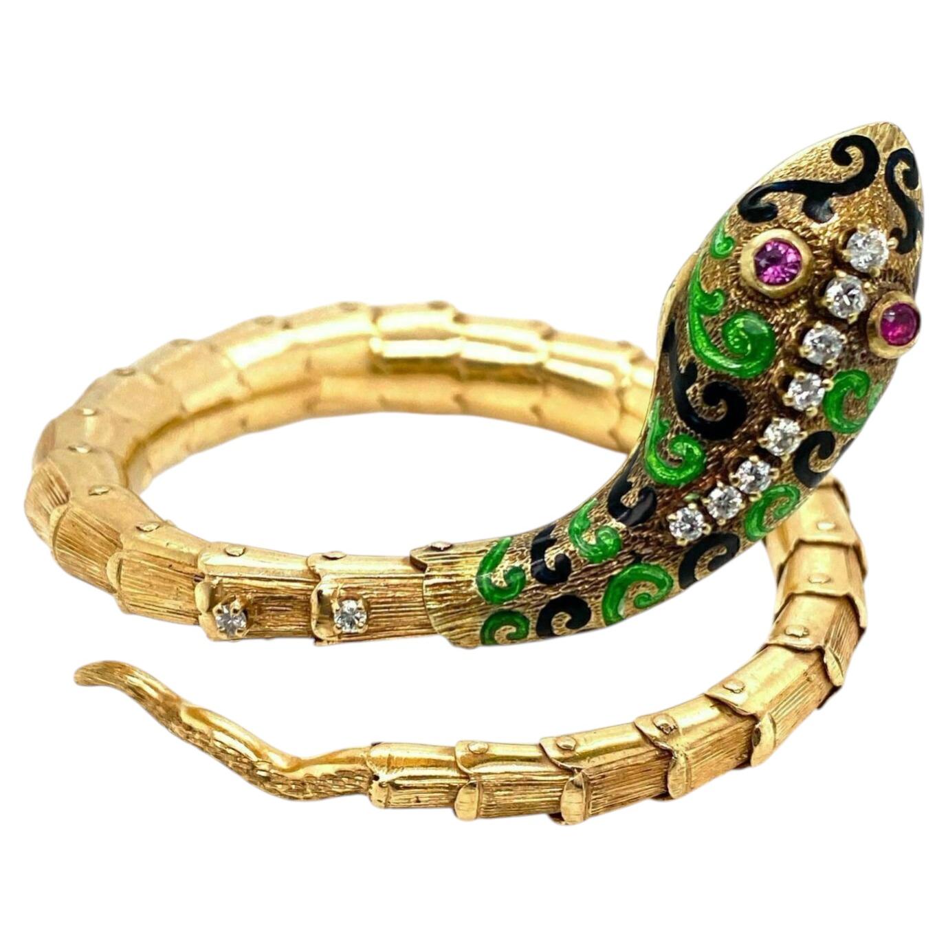 Diamond Ruby Enamel Snake Wrap Bracelet 14K Yellow Gold Flex Bangle