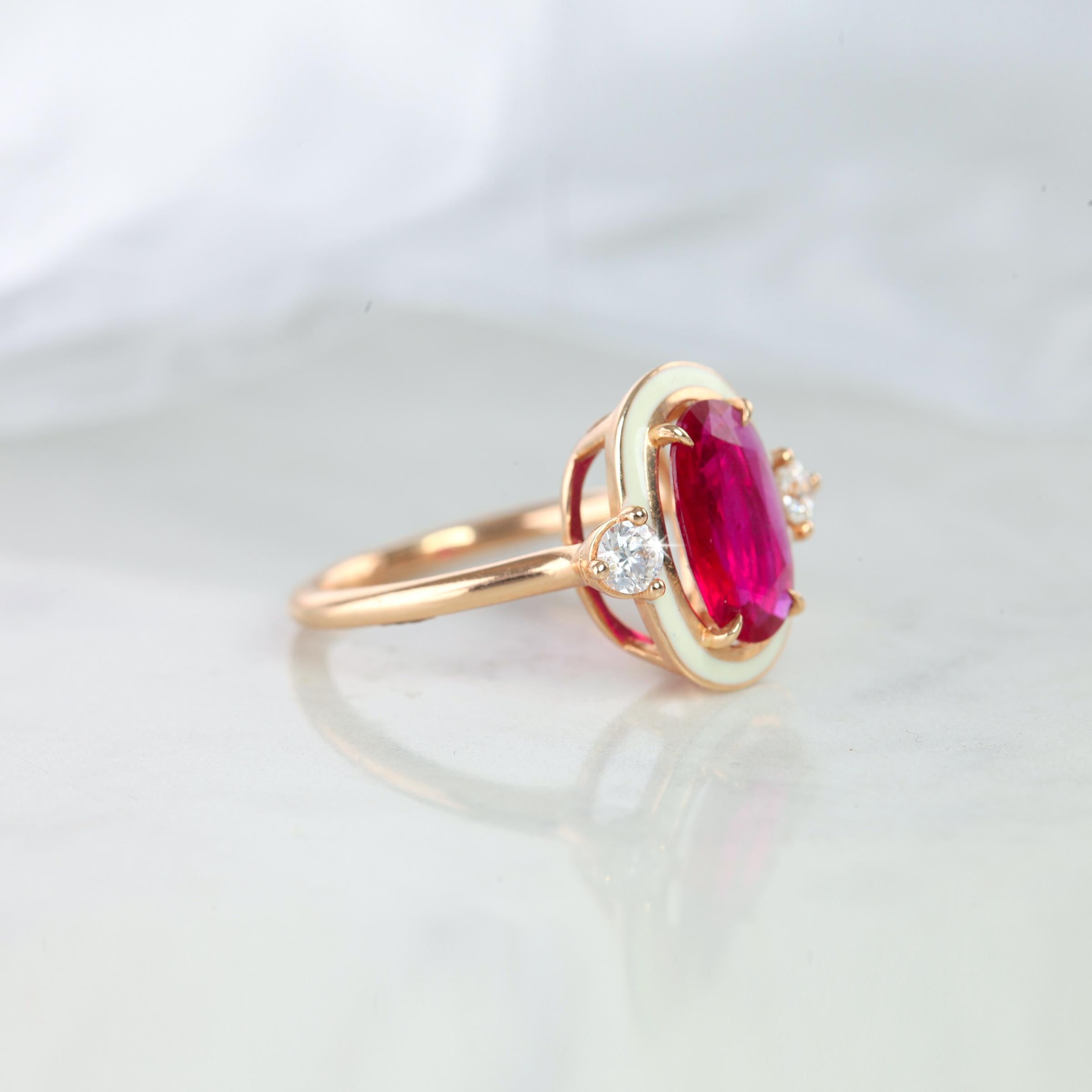Diamond Ruby Enameled Art Deco Style Cocktail Ring

Gold metal: 14k Rose Gold
Ruby Shape: Oval Cut
Main Stone: 1.93 Carats
Side Stones: 0.30 Carats
Total Carat Weight: 2.22Carats
Color: Red
Clarity: VS1-2
Comments: Art Deco Enameled Ring
Cut: