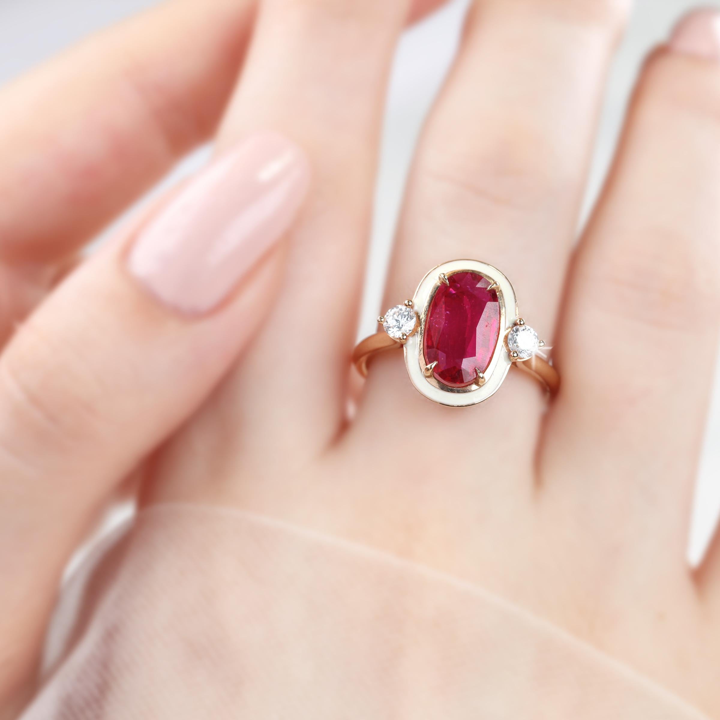Rose Cut Diamond Ruby Enameled Art Deco Style Cocktail Ring