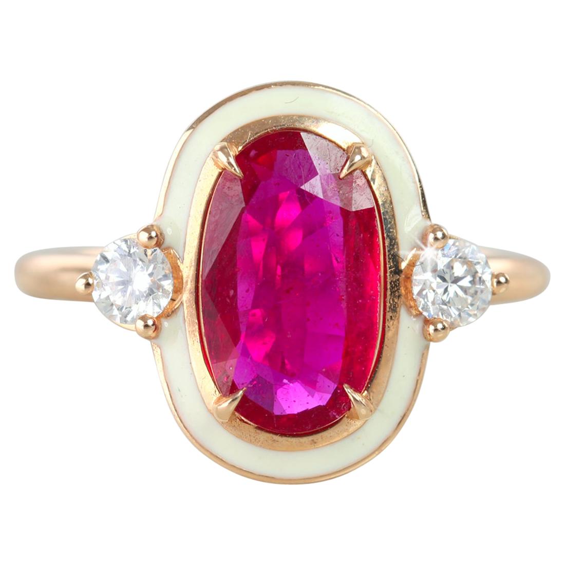 Diamond Ruby Enameled Art Deco Style Cocktail Ring